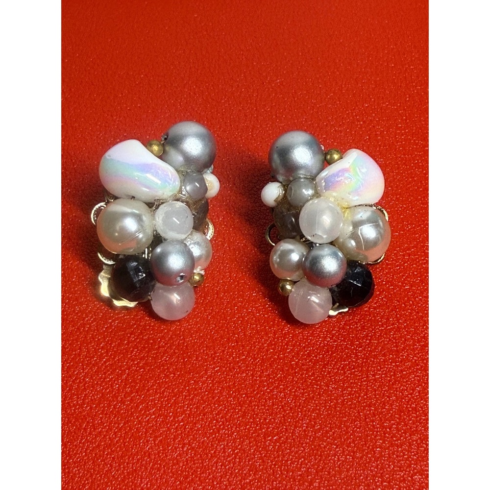 Vintage MCM Cluster Clip On Earrings Faux Pearl Iridescent Bead Statement Retro
